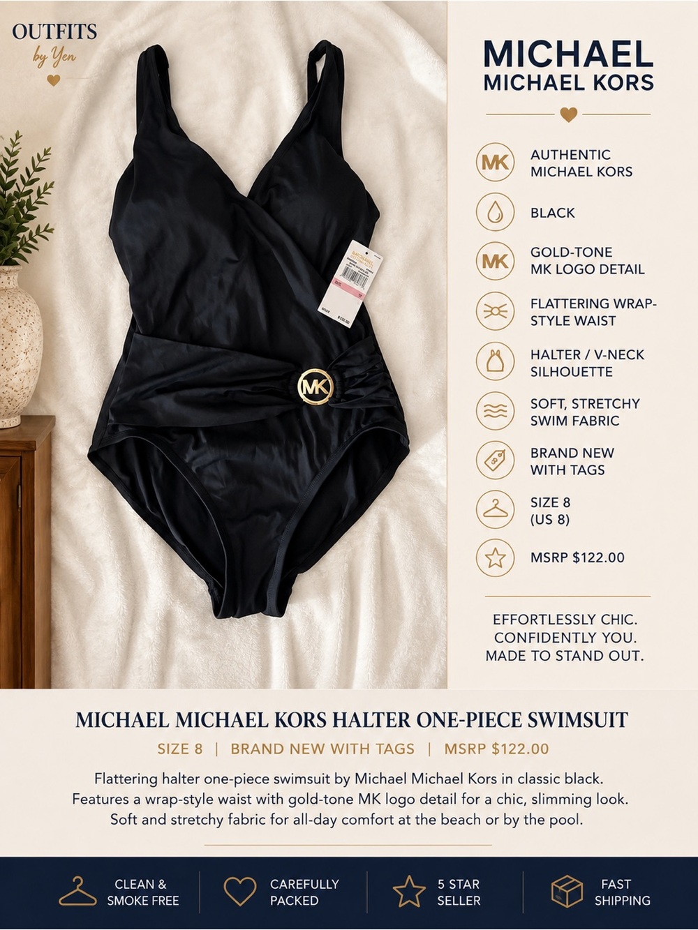 MICHAEL Michael Kors Black Halter One-Piece with Gold MK Accent